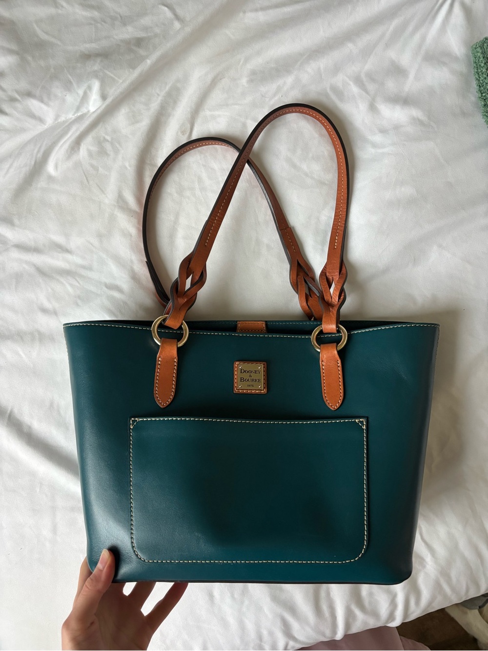 Dooney & Bourke Teal Leather Tote with Brown Straps